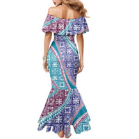 Hawaiian Quilt Pattern Family Matching Mermaid Dress and Hawaiian Shirt Purple Blue Color Mixed - Polynesian Pride
