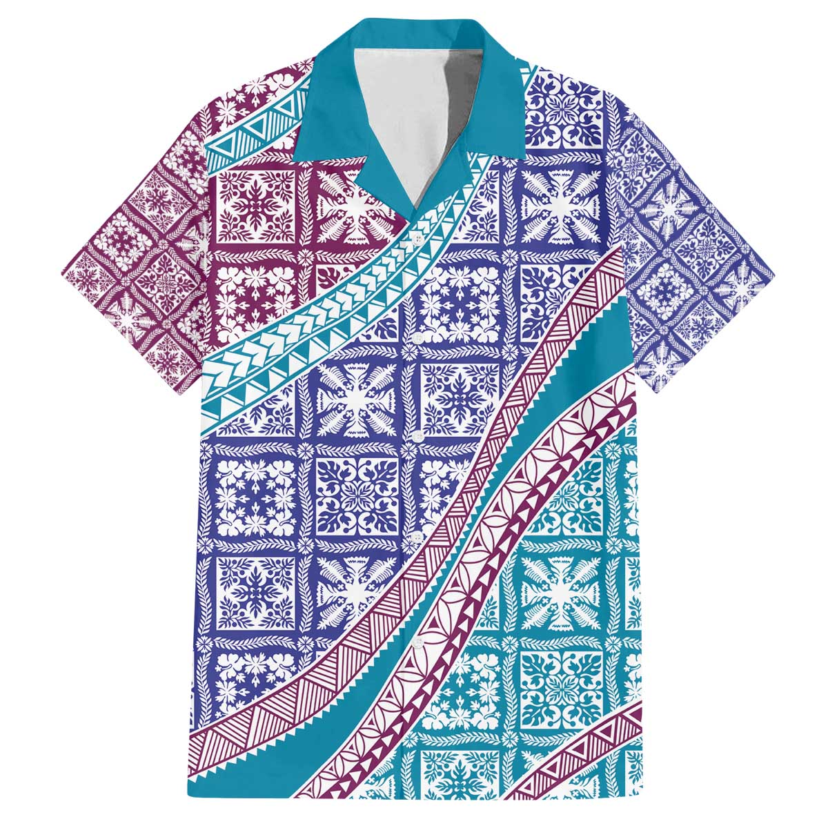 Hawaiian Quilt Pattern Family Matching Off The Shoulder Long Sleeve Dress and Hawaiian Shirt Purple Blue Color Mixed - Polynesian Pride