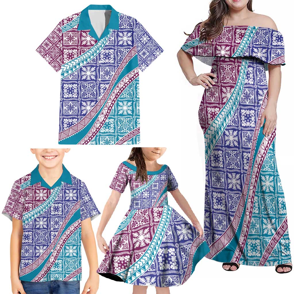 Hawaiian Quilt Pattern Family Matching Off Shoulder Maxi Dress and Hawaiian Shirt Purple Blue Color Mixed - Polynesian Pride