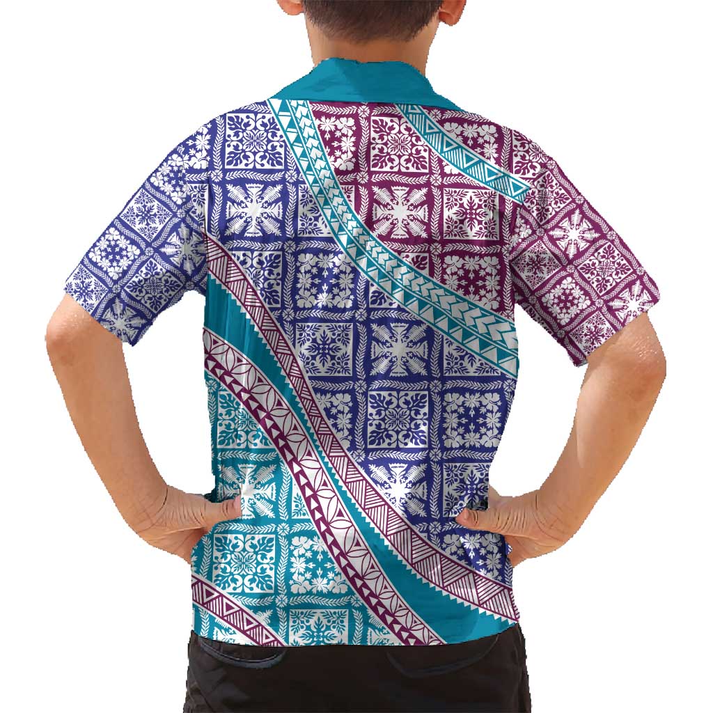 Hawaiian Quilt Pattern Family Matching Off Shoulder Short Dress and Hawaiian Shirt Purple Blue Color Mixed - Polynesian Pride