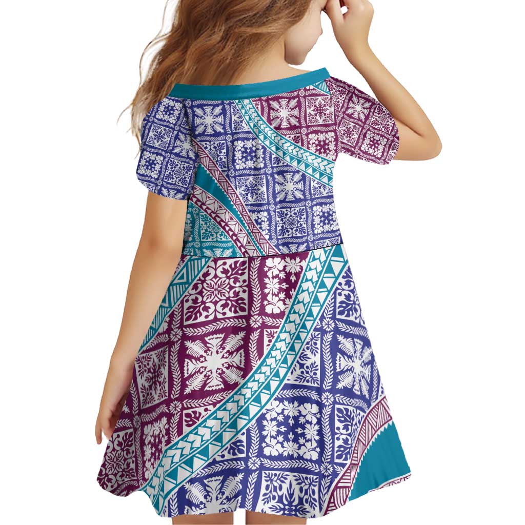 Hawaiian Quilt Pattern Family Matching Off Shoulder Short Dress and Hawaiian Shirt Purple Blue Color Mixed - Polynesian Pride