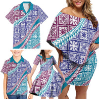 Hawaiian Quilt Pattern Family Matching Off Shoulder Short Dress and Hawaiian Shirt Purple Blue Color Mixed - Polynesian Pride