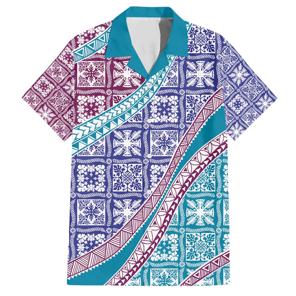 Hawaiian Quilt Pattern Family Matching Off Shoulder Short Dress and Hawaiian Shirt Purple Blue Color Mixed - Polynesian Pride