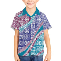 Hawaiian Quilt Pattern Family Matching Off Shoulder Short Dress and Hawaiian Shirt Purple Blue Color Mixed - Polynesian Pride