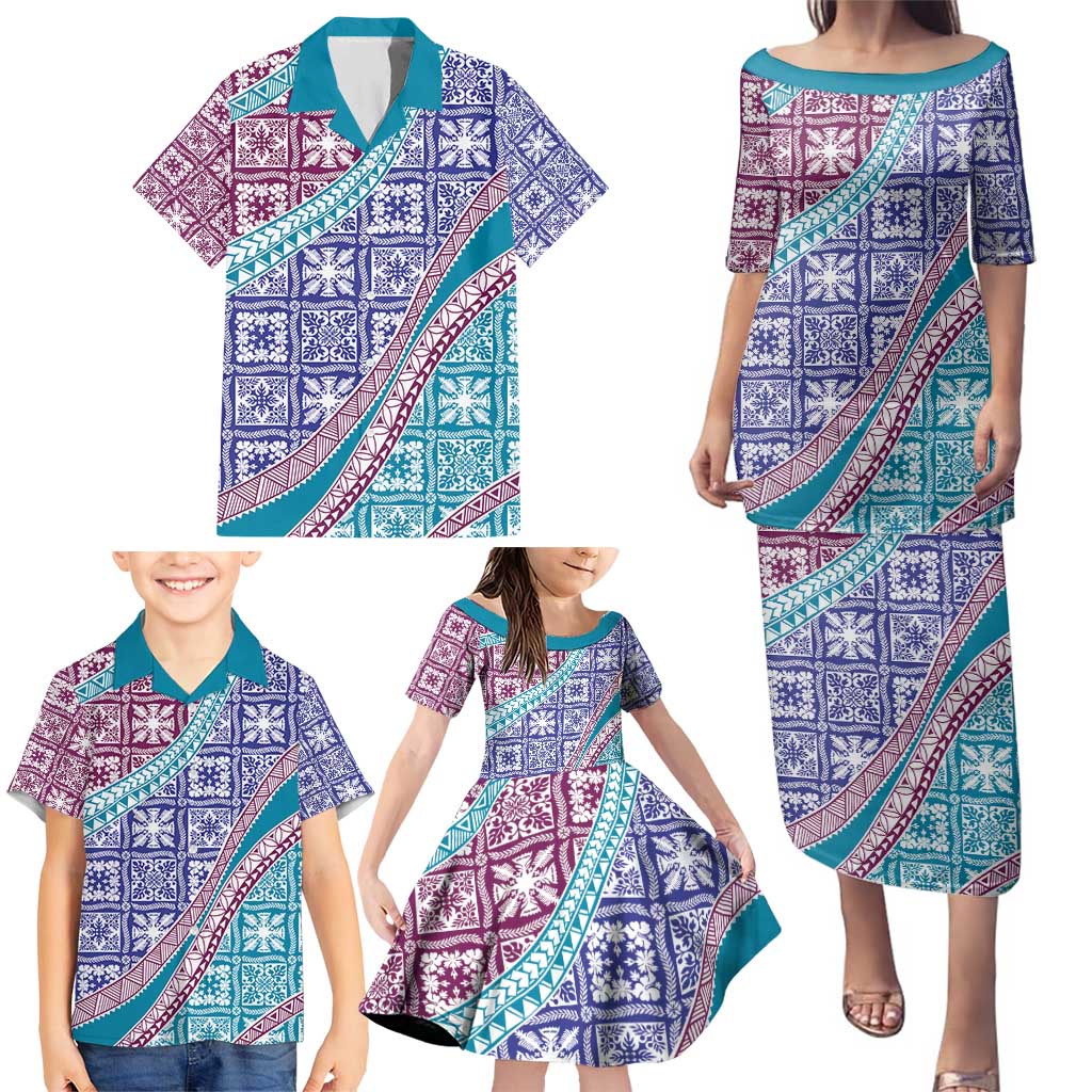 Hawaiian Quilt Pattern Family Matching Puletasi and Hawaiian Shirt Purple Blue Color Mixed - Polynesian Pride