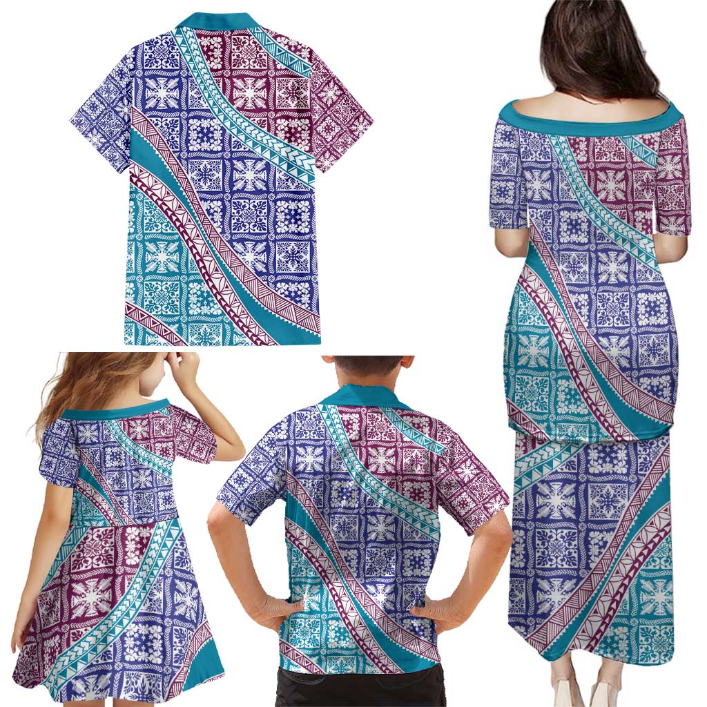 Hawaiian Quilt Pattern Family Matching Puletasi and Hawaiian Shirt Purple Blue Color Mixed - Polynesian Pride