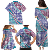 Hawaiian Quilt Pattern Family Matching Puletasi and Hawaiian Shirt Purple Blue Color Mixed - Polynesian Pride
