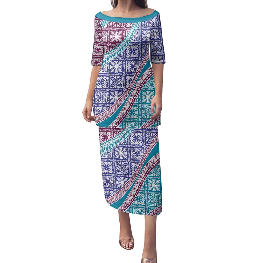 Hawaiian Quilt Pattern Family Matching Puletasi and Hawaiian Shirt Purple Blue Color Mixed - Polynesian Pride