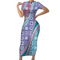 Hawaiian Quilt Pattern Family Matching Short Sleeve Bodycon Dress and Hawaiian Shirt Purple Blue Color Mixed - Polynesian Pride