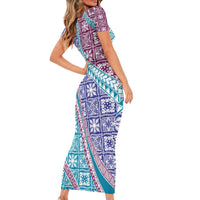 Hawaiian Quilt Pattern Family Matching Short Sleeve Bodycon Dress and Hawaiian Shirt Purple Blue Color Mixed - Polynesian Pride