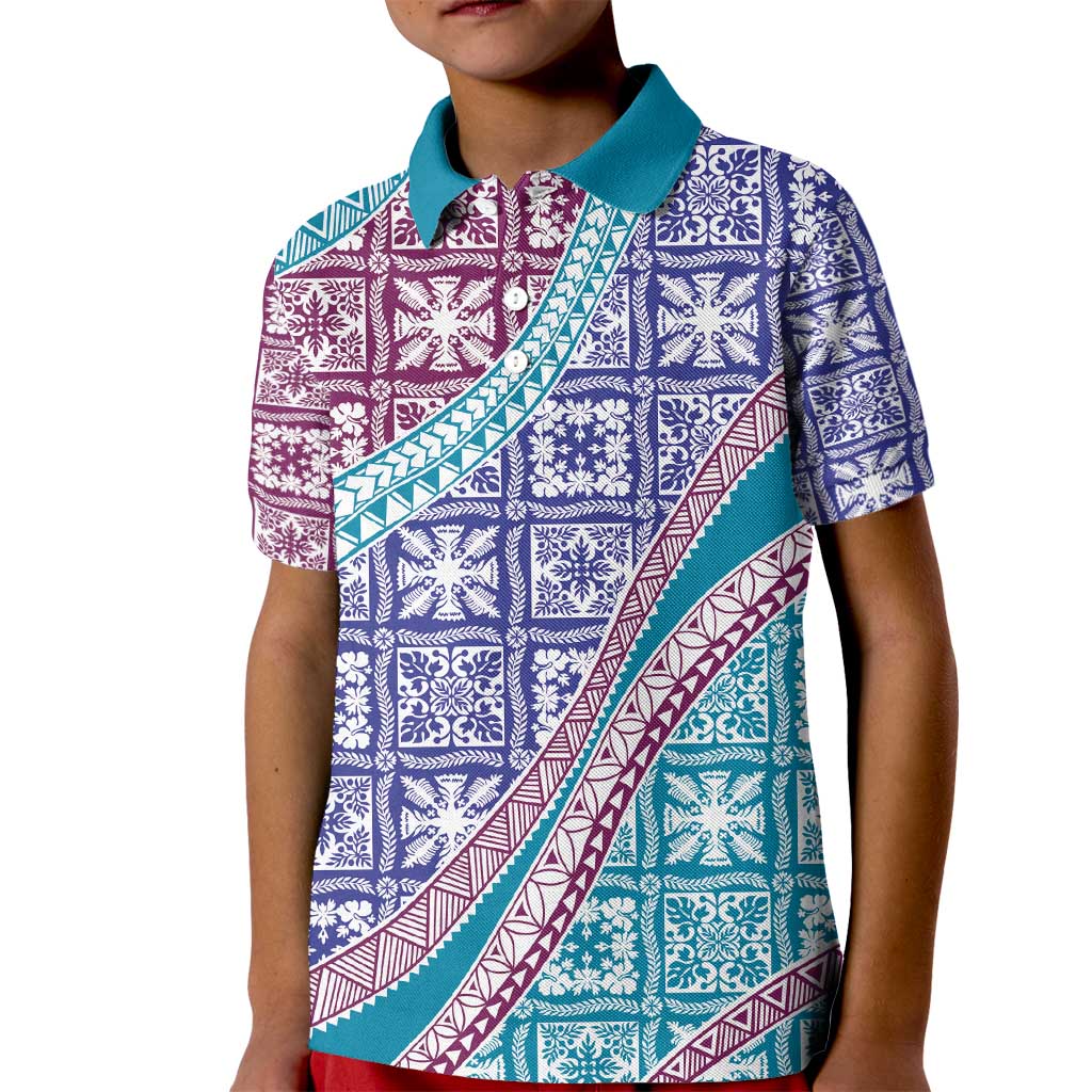 Hawaiian Quilt Pattern Kid Polo Shirt Purple Blue Color Mixed - Polynesian Pride