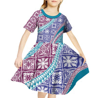 Hawaiian Quilt Pattern Kid Short Sleeve Dress Purple Blue Color Mixed - Polynesian Pride