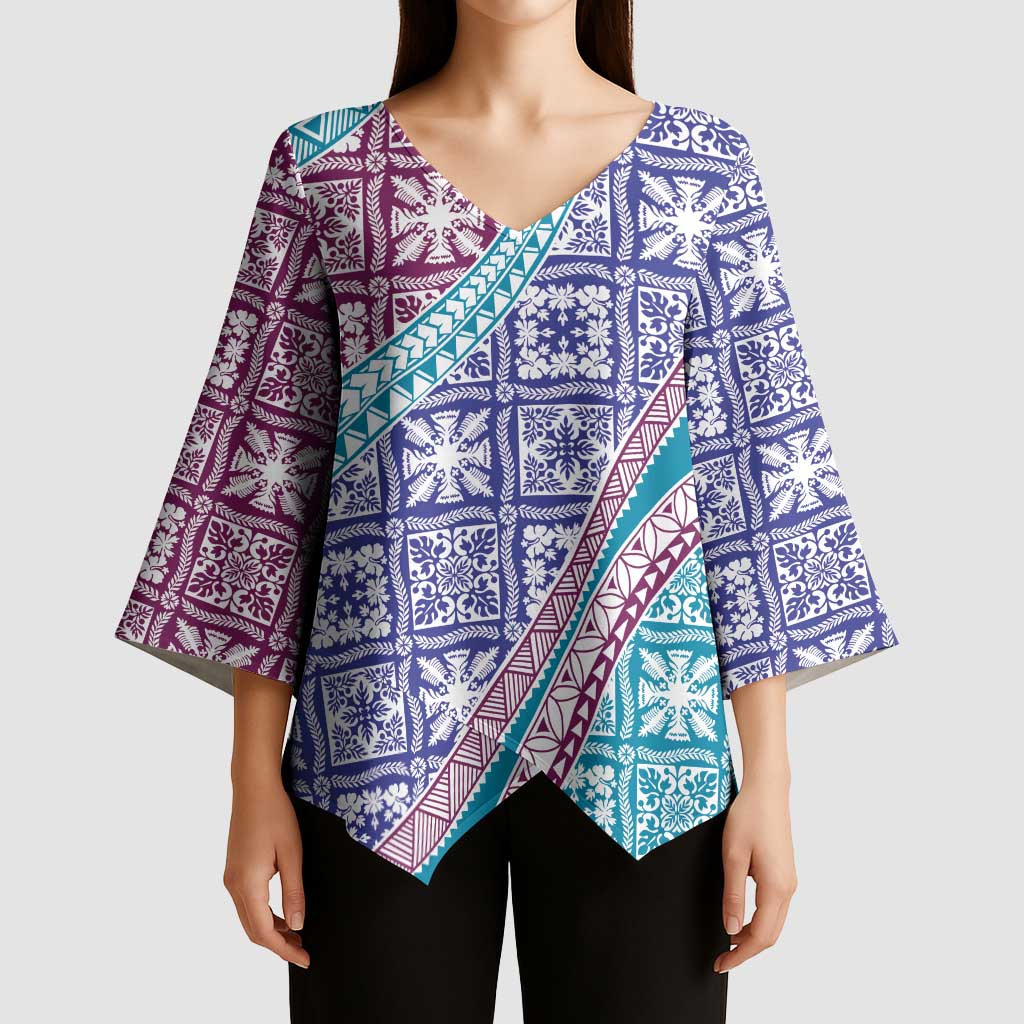 Hawaiian Quilt Pattern Kimono Sleeve Blouse Purple Blue Color Mixed - Polynesian Pride