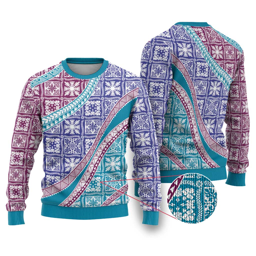 Hawaiian Quilt Pattern Ugly Christmas Sweater Purple Blue Color Mixed - Polynesian Pride