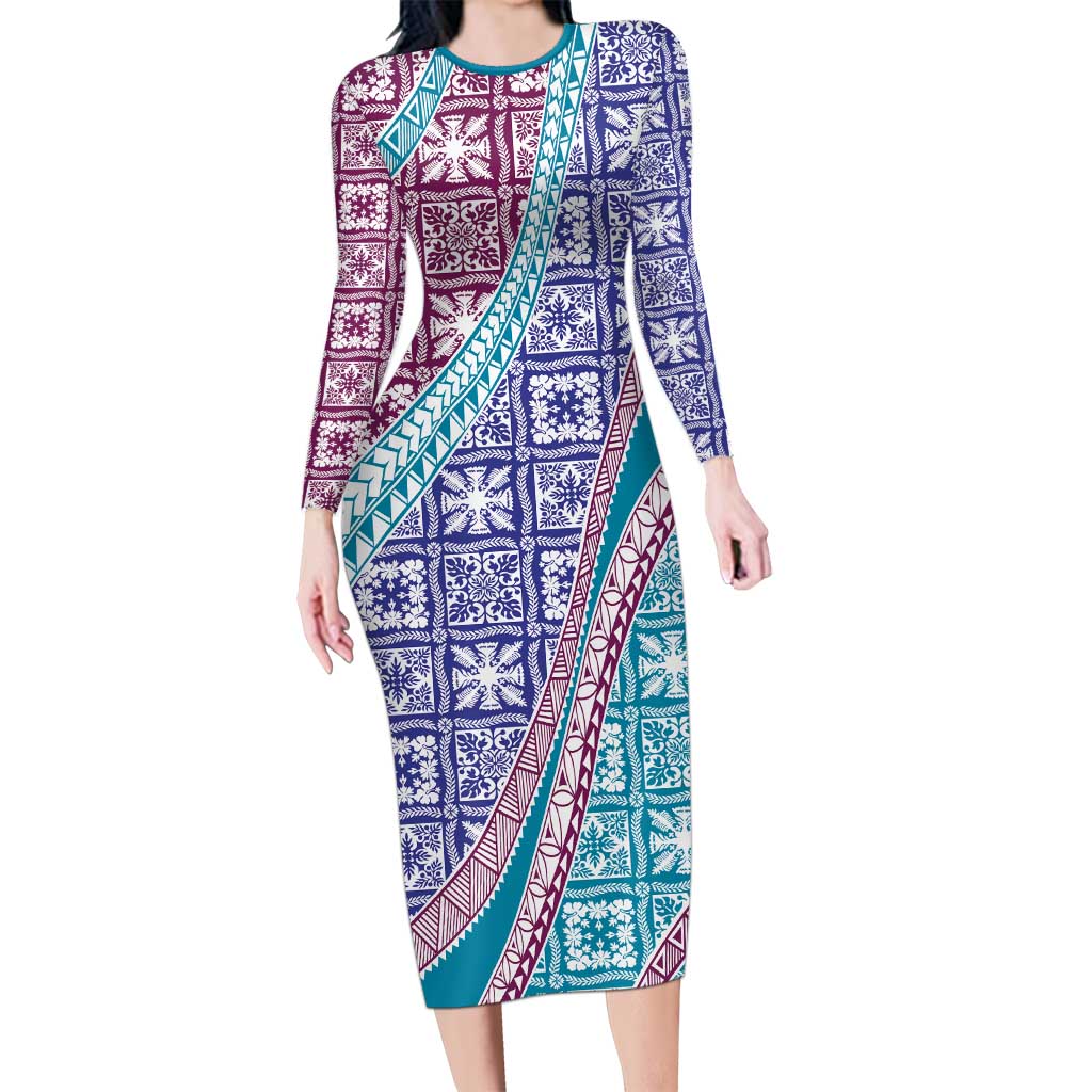 Hawaiian Quilt Pattern Long Sleeve Bodycon Dress Purple Blue Color Mixed - Polynesian Pride