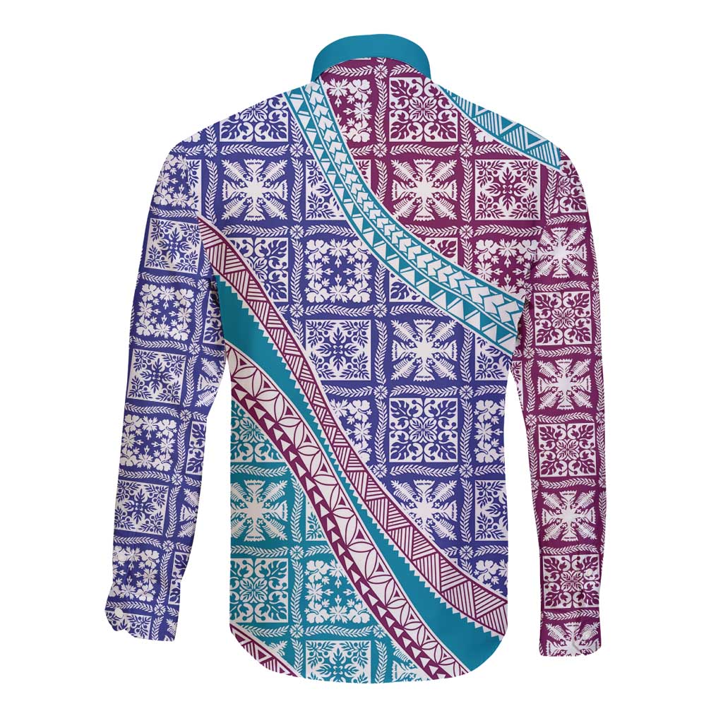 Hawaiian Quilt Pattern Long Sleeve Button Shirt Purple Blue Color Mixed - Polynesian Pride