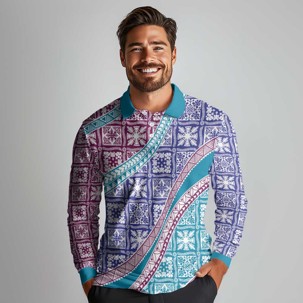 Hawaiian Quilt Pattern Long Sleeve Polo Shirt Purple Blue Color Mixed - Polynesian Pride