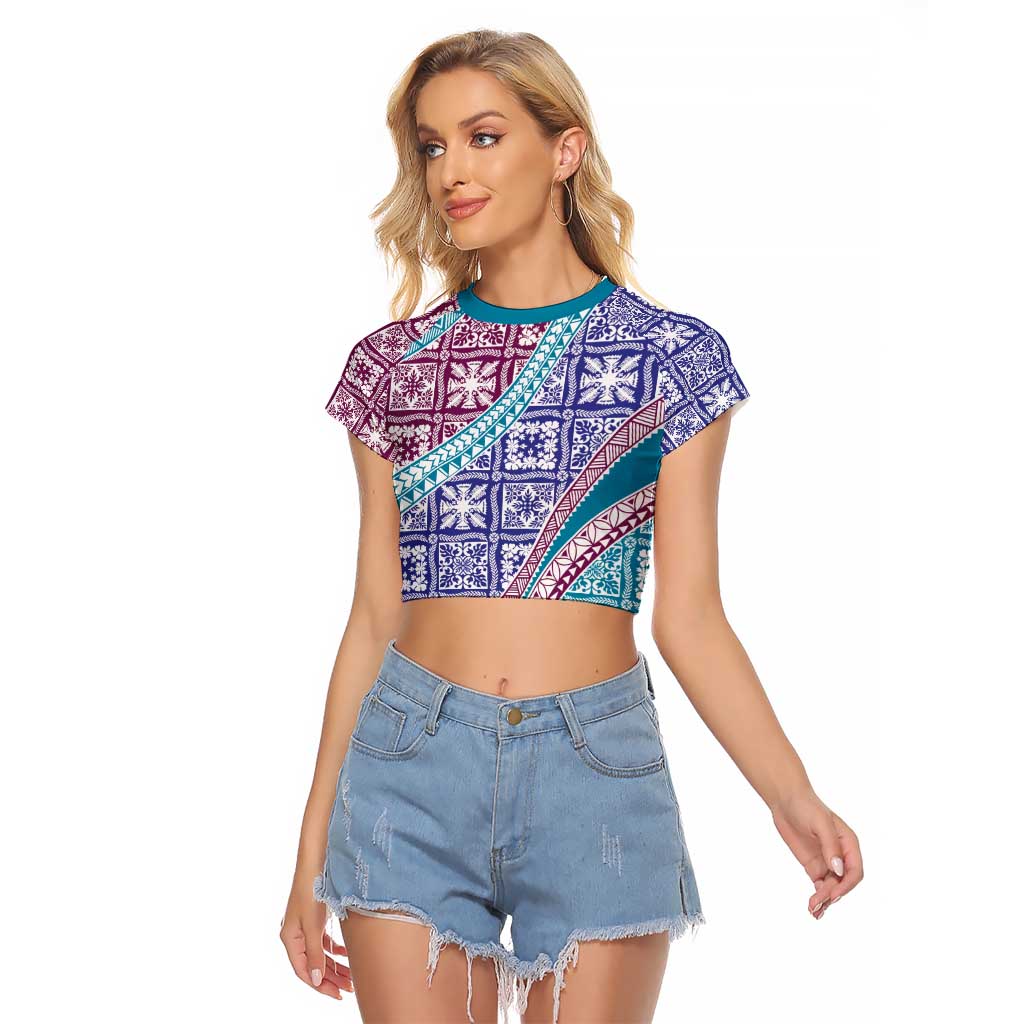 Hawaiian Quilt Pattern Raglan Cropped T Shirt Purple Blue Color Mixed - Polynesian Pride