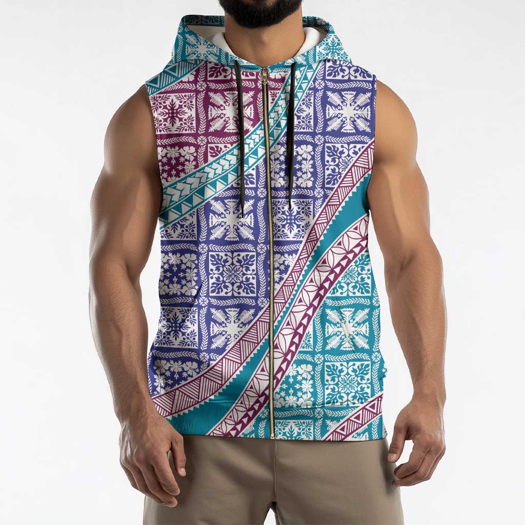 Hawaiian Quilt Pattern Sleeveless Zip Hoodie Purple Blue Color Mixed - Polynesian Pride