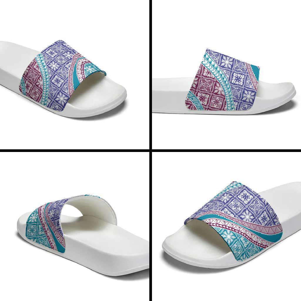 Hawaiian Quilt Pattern Slide Sandals Purple Blue Color Mixed - Polynesian Pride