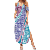 Hawaiian Quilt Pattern Summer Maxi Dress Purple Blue Color Mixed - Polynesian Pride
