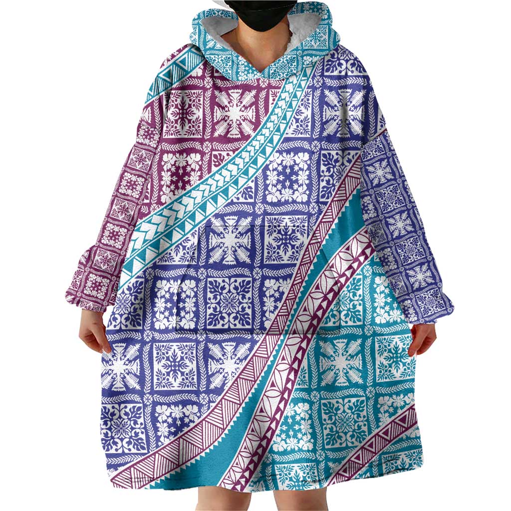 Hawaiian Quilt Pattern Wearable Blanket Hoodie Purple Blue Color Mixed - Polynesian Pride