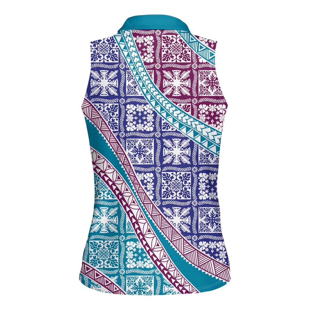 Hawaiian Quilt Pattern Women Sleeveless Polo Shirt Purple Blue Color Mixed - Polynesian Pride