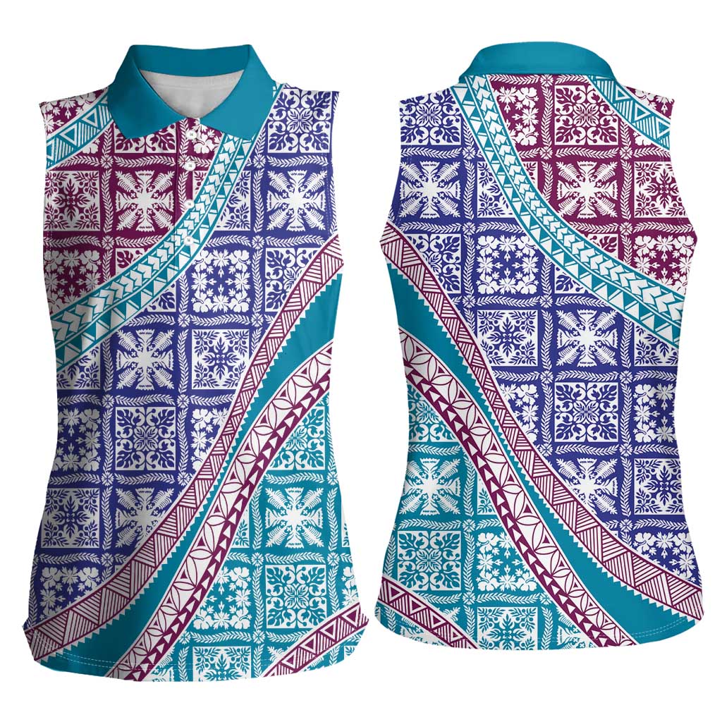 Hawaiian Quilt Pattern Women Sleeveless Polo Shirt Purple Blue Color Mixed - Polynesian Pride