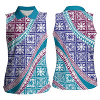 Hawaiian Quilt Pattern Women Sleeveless Polo Shirt Purple Blue Color Mixed - Polynesian Pride