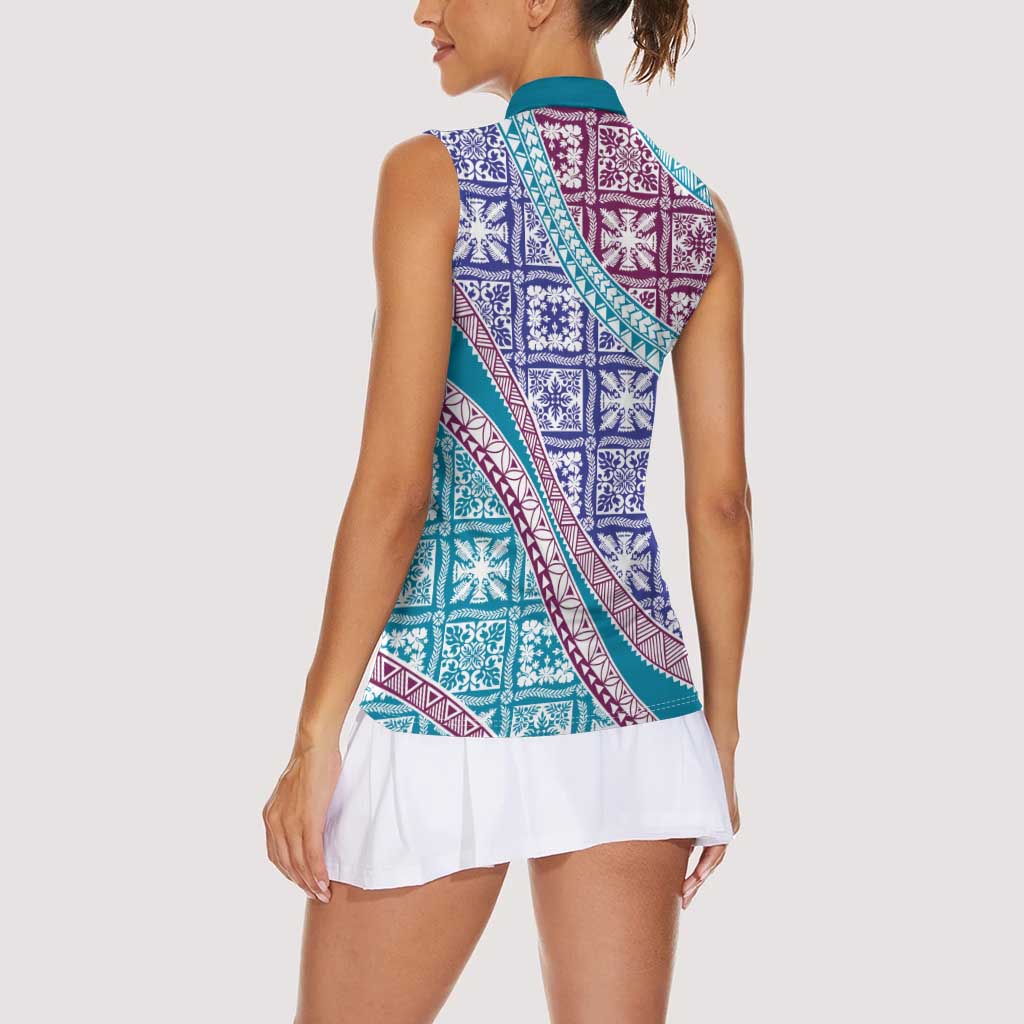 Hawaiian Quilt Pattern Women Sleeveless Polo Shirt Purple Blue Color Mixed - Polynesian Pride