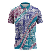 Hawaiian Quilt Pattern Zipper Polo Shirt Purple Blue Color Mixed - Polynesian Pride