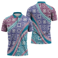 Hawaiian Quilt Pattern Zipper Polo Shirt Purple Blue Color Mixed - Polynesian Pride