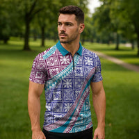 Hawaiian Quilt Pattern Zipper Polo Shirt Purple Blue Color Mixed - Polynesian Pride