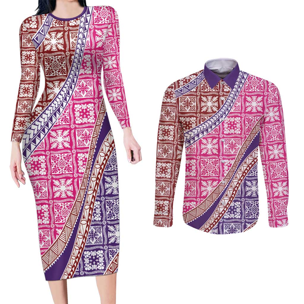 Hawaiian Quilt Pattern Couples Matching Long Sleeve Bodycon Dress and Long Sleeve Button Shirt Sweet Color Mixed - Polynesian Pride