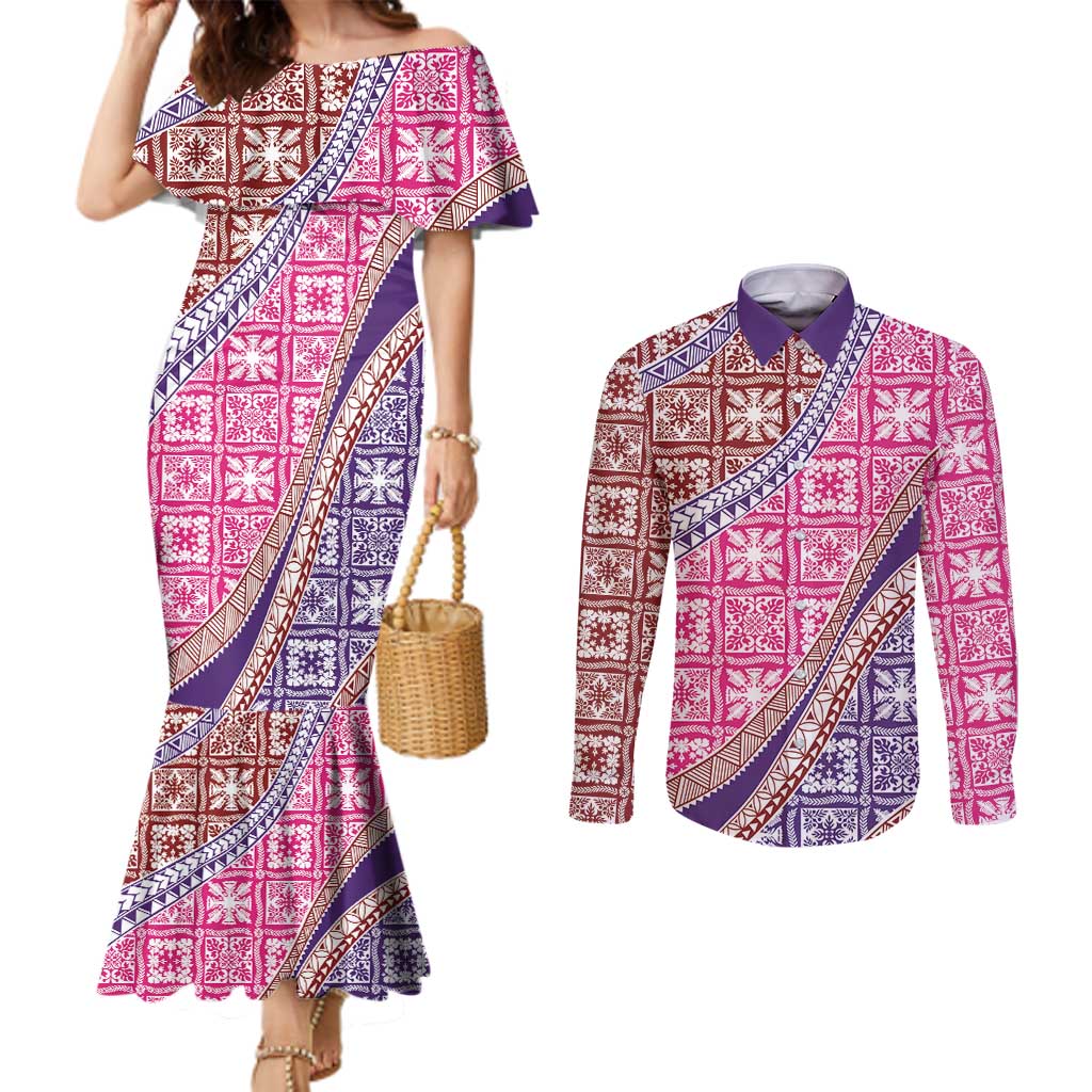 Hawaiian Quilt Pattern Couples Matching Mermaid Dress and Long Sleeve Button Shirt Sweet Color Mixed - Polynesian Pride