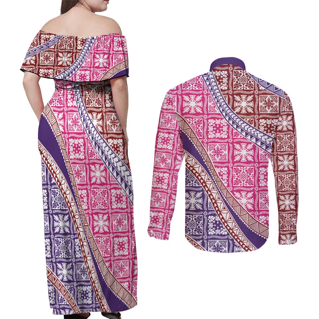 Hawaiian Quilt Pattern Couples Matching Off Shoulder Maxi Dress and Long Sleeve Button Shirt Sweet Color Mixed - Polynesian Pride