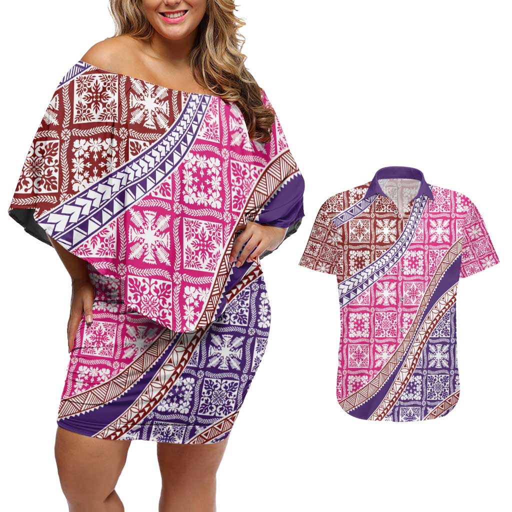 Hawaiian Quilt Pattern Couples Matching Off Shoulder Short Dress and Hawaiian Shirt Sweet Color Mixed - Polynesian Pride
