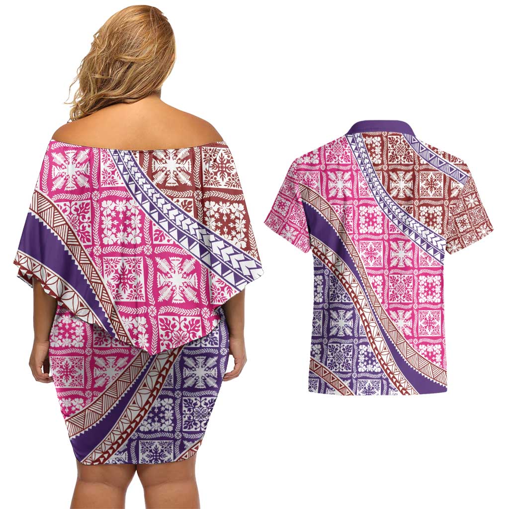 Hawaiian Quilt Pattern Couples Matching Off Shoulder Short Dress and Hawaiian Shirt Sweet Color Mixed - Polynesian Pride