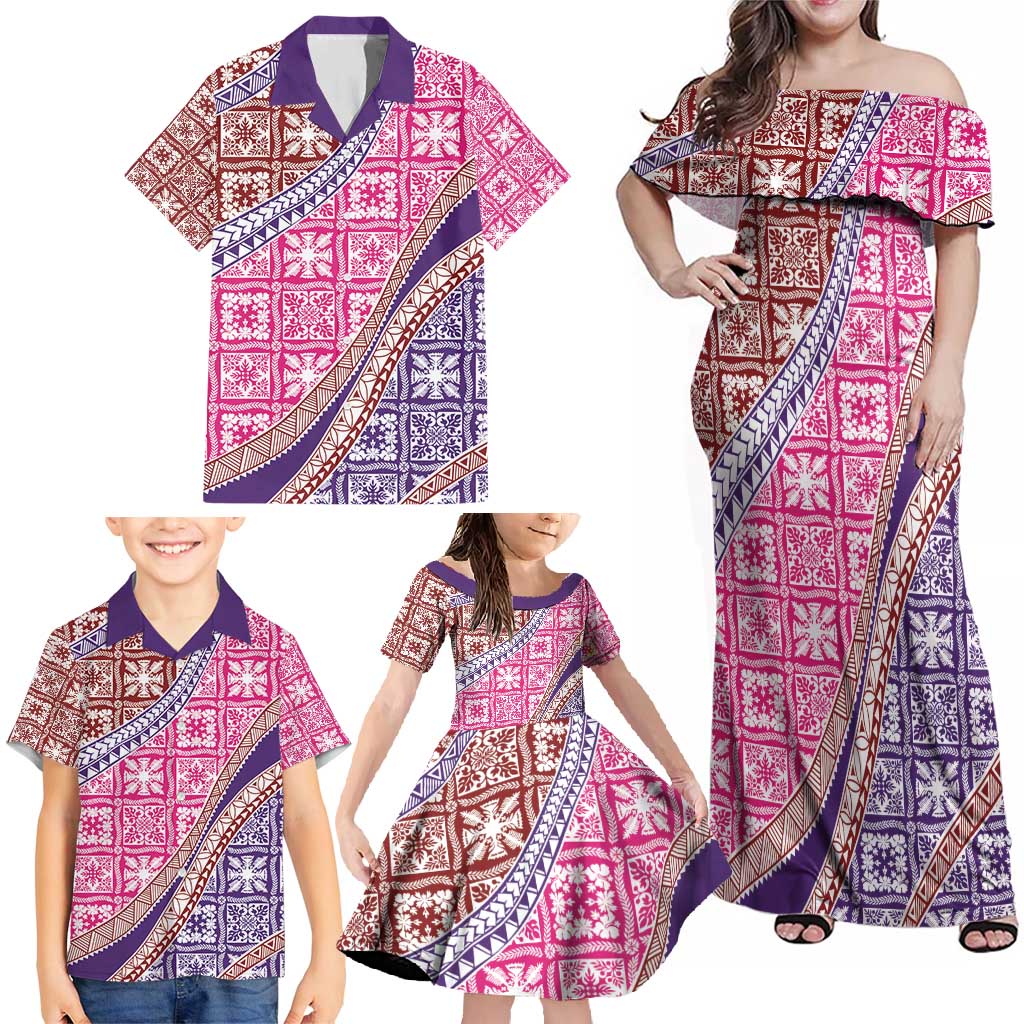 Hawaiian Quilt Pattern Family Matching Off Shoulder Maxi Dress and Hawaiian Shirt Sweet Color Mixed - Polynesian Pride