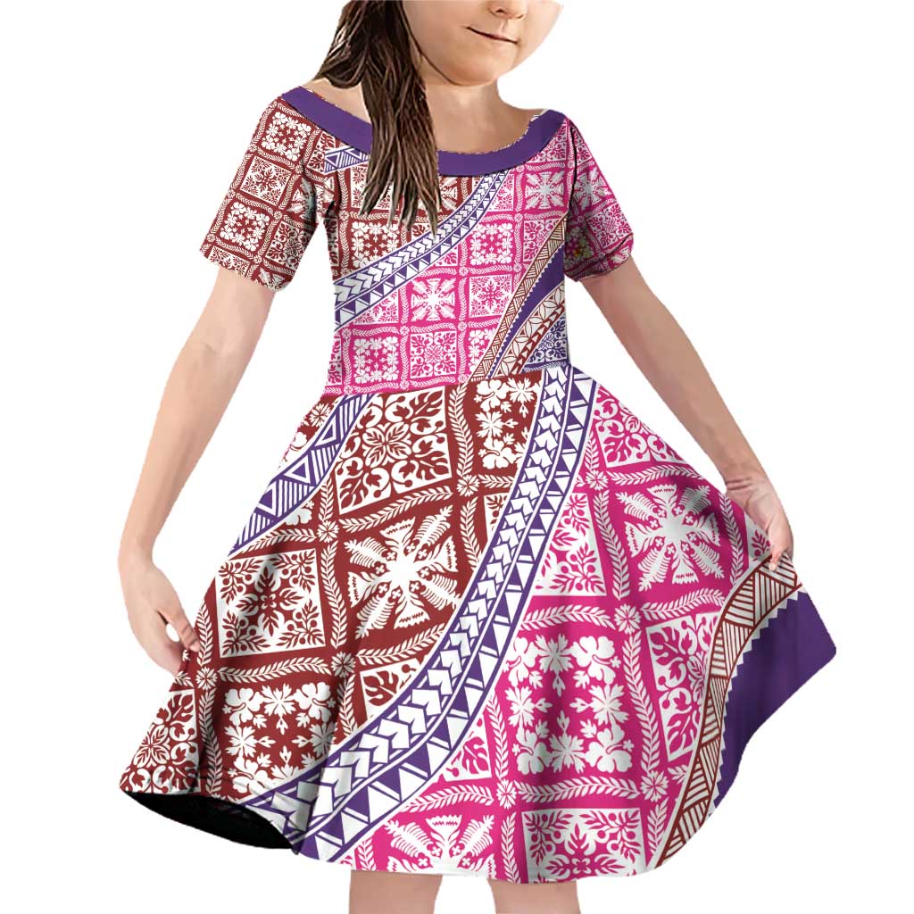 Hawaiian Quilt Pattern Family Matching Off Shoulder Short Dress and Hawaiian Shirt Sweet Color Mixed - Polynesian Pride