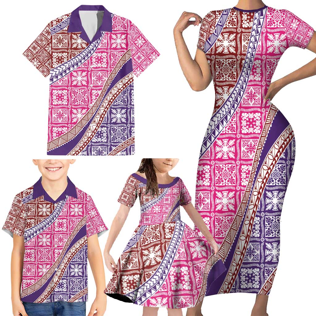 Hawaiian Quilt Pattern Family Matching Short Sleeve Bodycon Dress and Hawaiian Shirt Sweet Color Mixed - Polynesian Pride