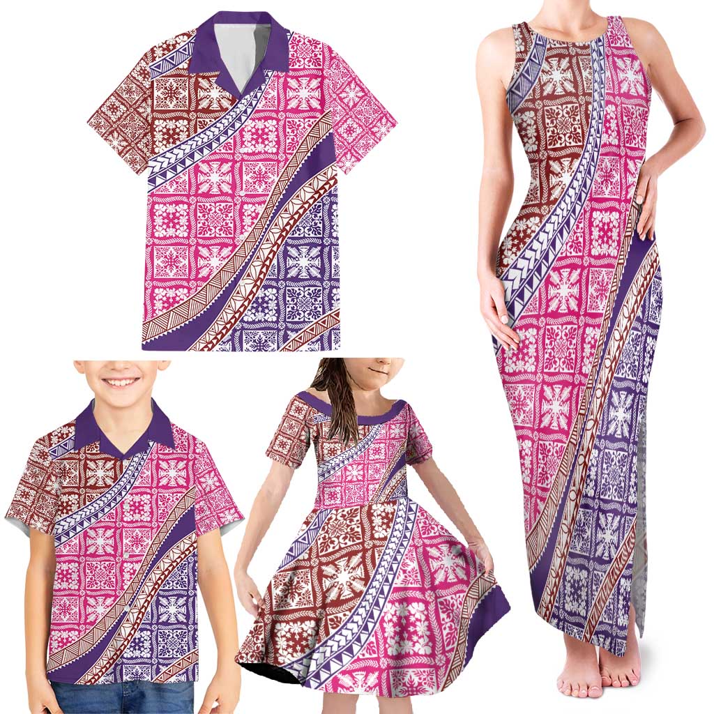 Hawaiian Quilt Pattern Family Matching Tank Maxi Dress and Hawaiian Shirt Sweet Color Mixed - Polynesian Pride
