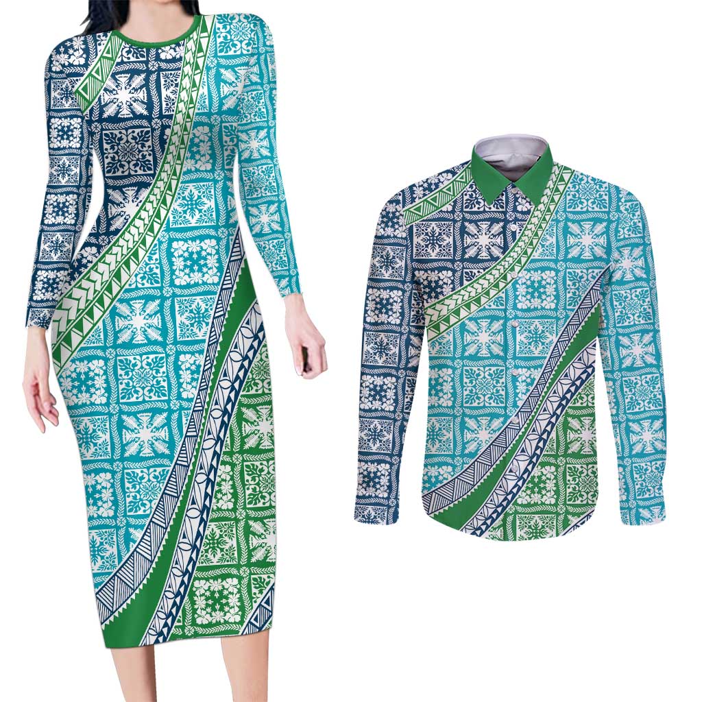 Hawaiian Quilt Pattern Couples Matching Long Sleeve Bodycon Dress and Long Sleeve Button Shirt Fresh Color Mixed - Polynesian Pride