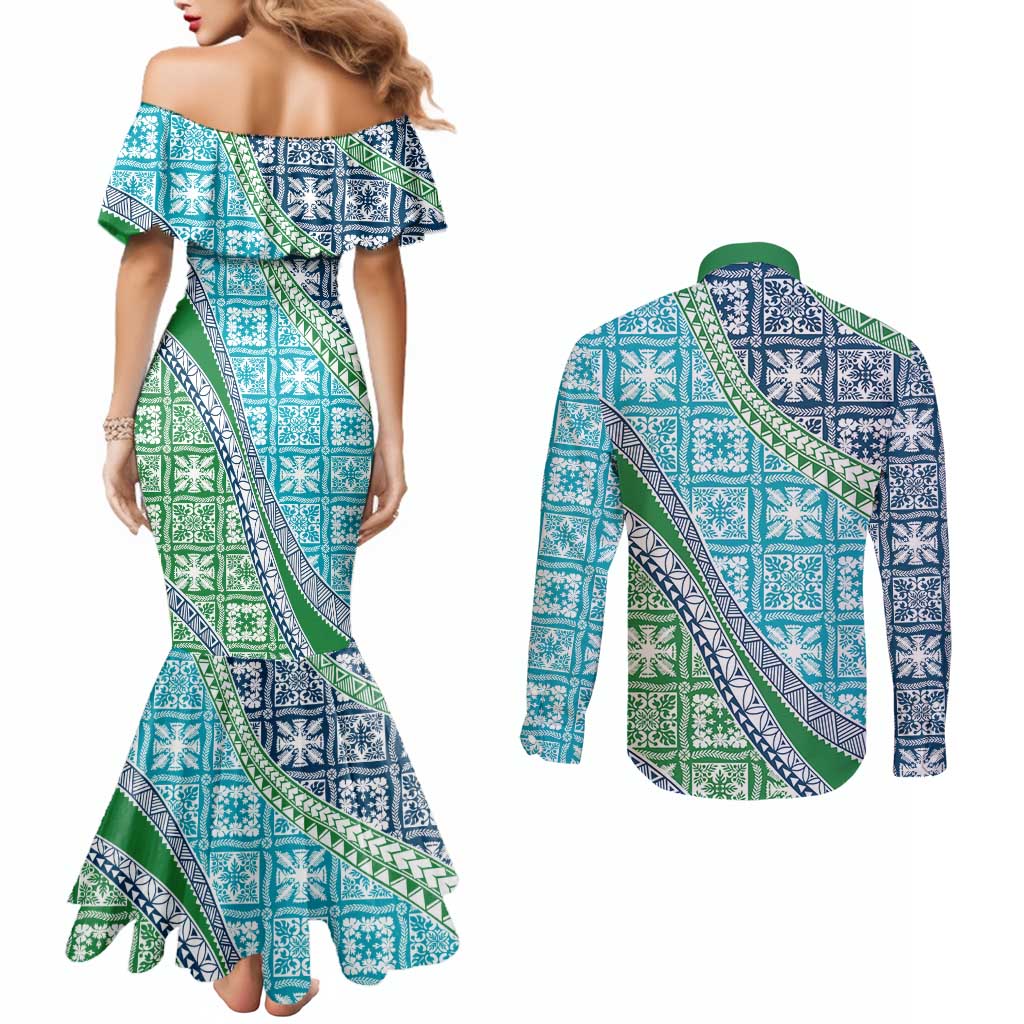 Hawaiian Quilt Pattern Couples Matching Mermaid Dress and Long Sleeve Button Shirt Fresh Color Mixed - Polynesian Pride