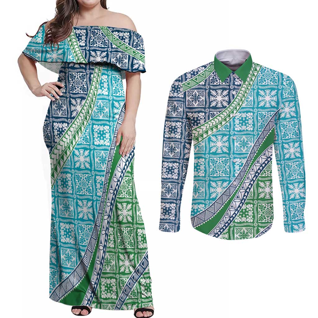 Hawaiian Quilt Pattern Couples Matching Off Shoulder Maxi Dress and Long Sleeve Button Shirt Fresh Color Mixed - Polynesian Pride