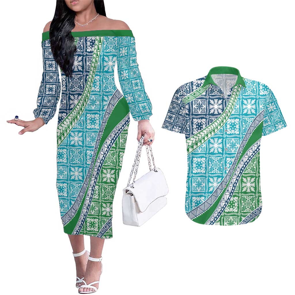Hawaiian Quilt Pattern Couples Matching Off The Shoulder Long Sleeve Dress and Hawaiian Shirt Fresh Color Mixed - Polynesian Pride