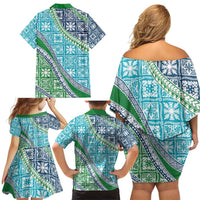 Hawaiian Quilt Pattern Family Matching Off Shoulder Short Dress and Hawaiian Shirt Fresh Color Mixed - Polynesian Pride
