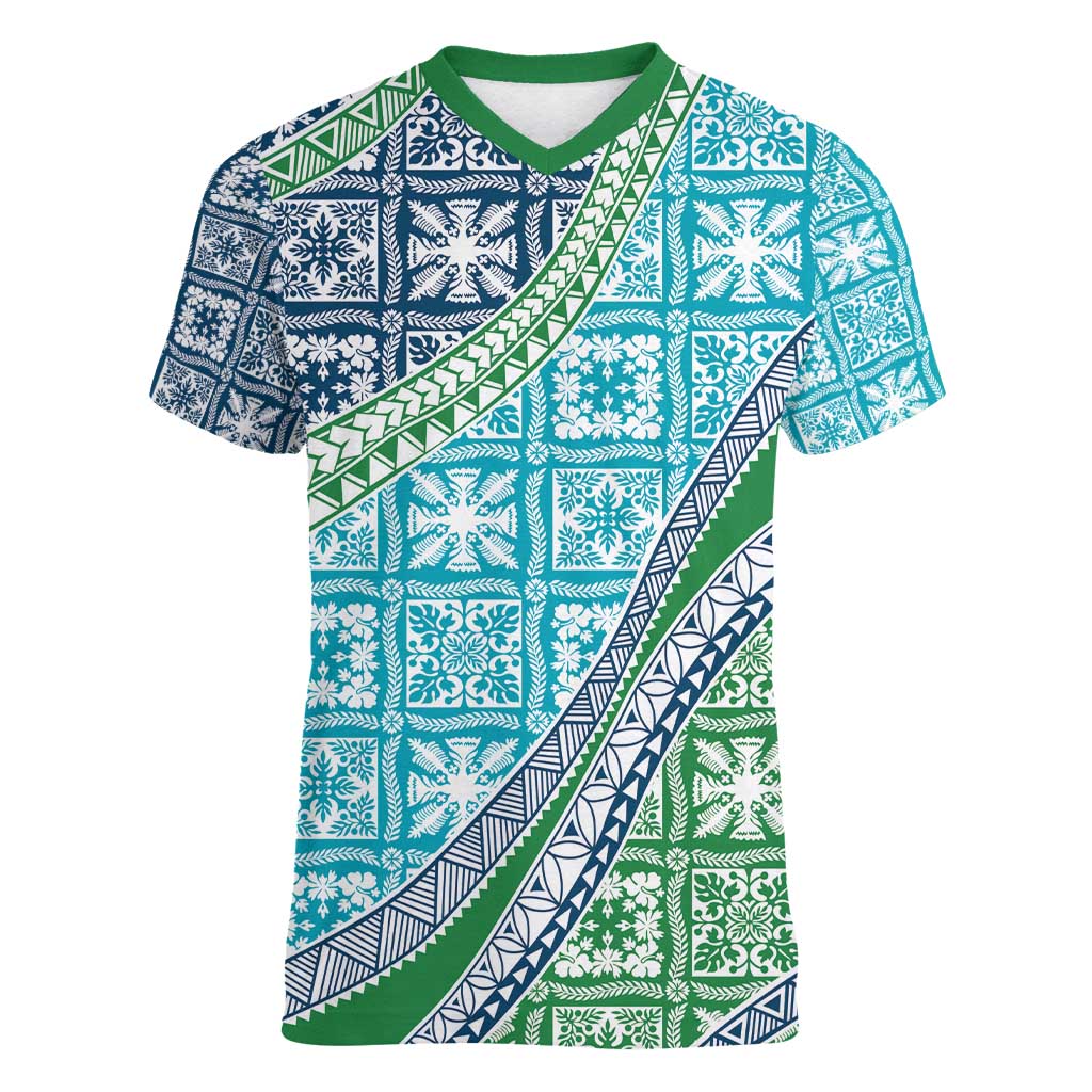 Hawaiian Quilt Pattern Women V-Neck T-Shirt Fresh Color Mixed - Polynesian Pride