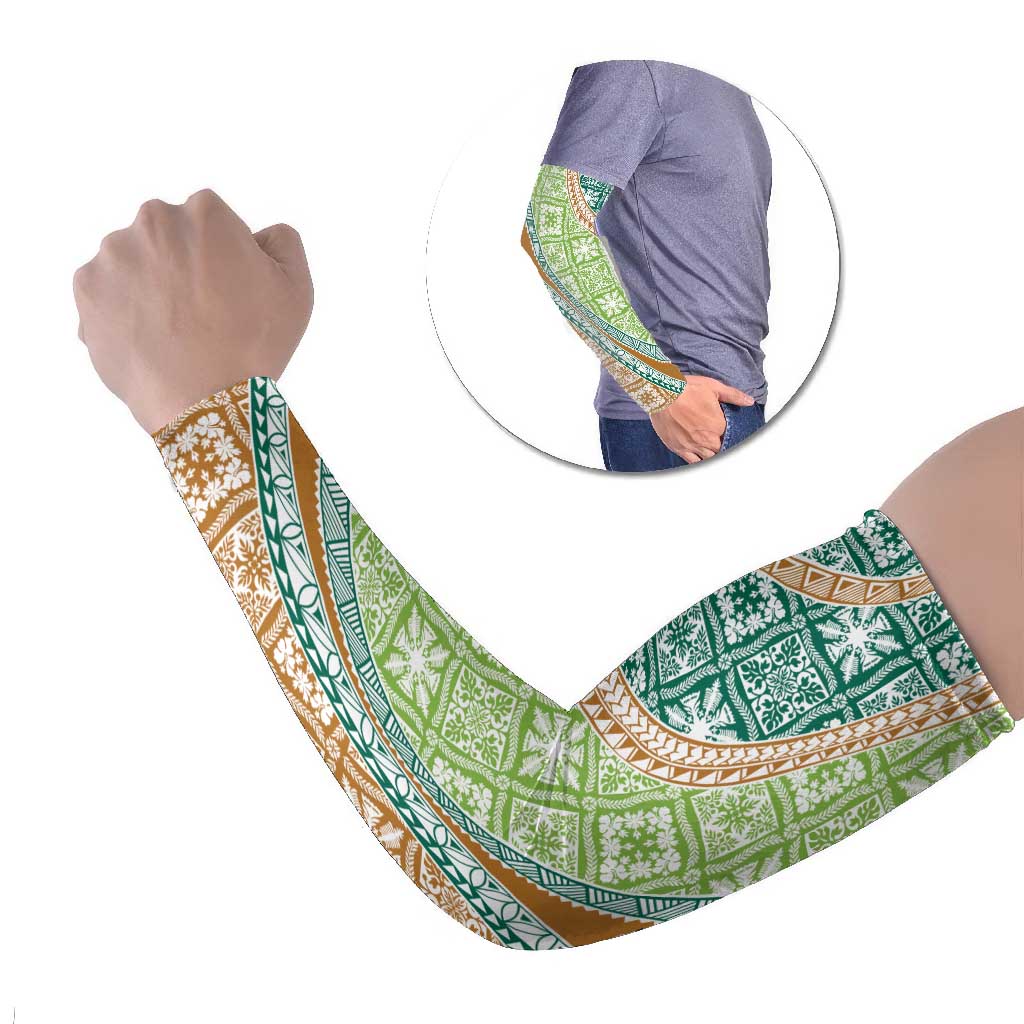 Hawaiian Quilt Pattern Arm Sleeves Green Chestnut Color Mixed - Polynesian Pride