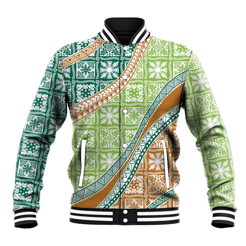 Hawaiian Quilt Pattern Baseball Jacket Green Chestnut Color Mixed - Polynesian Pride